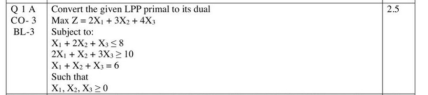 Screenshot of Final Exam Question 1A: convert the given LPP primal to its dual, Max Z = 2X1 + 3X2 + 4X3 with three constraints