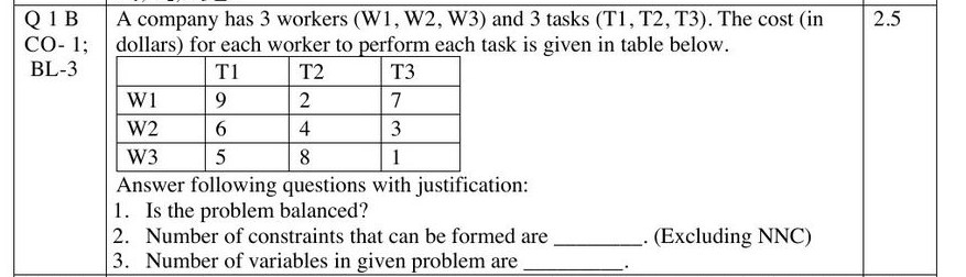 Screenshot of Final Exam Question 1B: 3 workers and 3 tasks cost matrix, asking whether balanced and how many constraints and variables