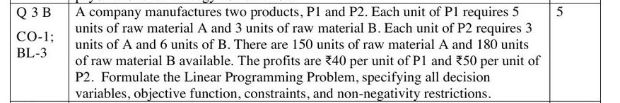 Screenshot of Re-Exam Question 3B: products P1 and P2 using raw materials A and B, formulate the LPP