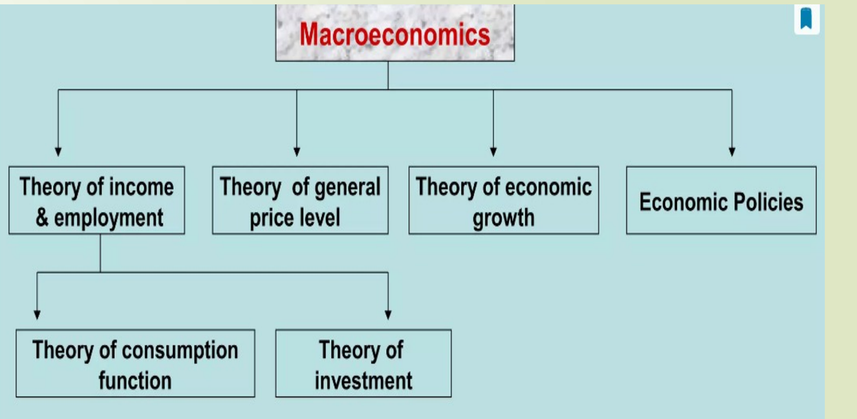 Tree diagram: Macroeconomics branches into Theory of Income and Employment, Theory of General Price Level, Theory of Economic Growth and Economic Policies; Theory of Income and Employment branches further into Theory of Consumption Function and Theory of Investment